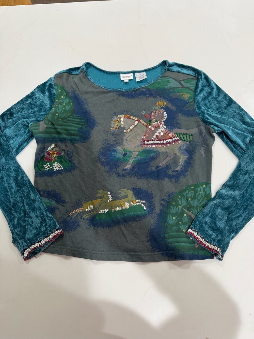Together Teal Velvet-Sleeve Long Sleeve Top with Equestrian Print